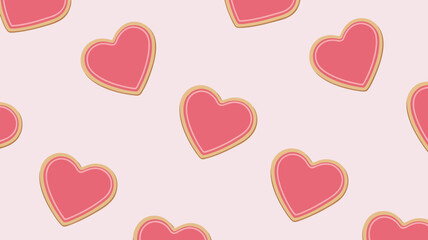 Seamless pattern of heart shaped cookies on pink background for valentine's day