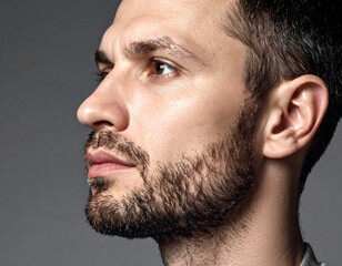 Obraz premium Close-up profile of a man with a beard and stubble, looking thoughtfully into the distance