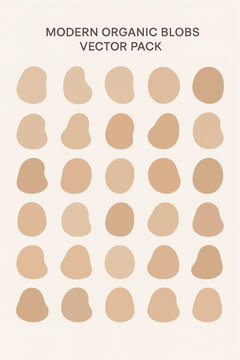 A vector pack featuring 25 modern organic blob shapes arranged in a grid on a light cream background. The abstract elements vary slightly in form and are rendered in a harmonious selection of warm
