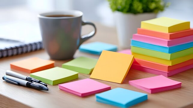 Vibrant stacks and scattered colorful sticky notes alongside a steaming coffee mug pens and a notebook on a wooden desk symbolizing work planning and creative tasks