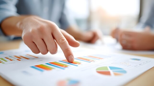 Close up of hands examining financial charts graphs and data reports during a collaborative business meeting for strategic planning and analysis