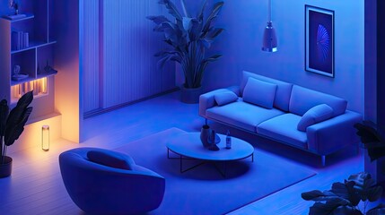 Contemporary living room interior showcasing a sleek sofa, armchair, and coffee table bathed in cool blue light, with a warm accent lamp and lush plants creating a serene and stylish ambiance