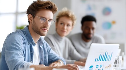 Three professionals engage in a focused discussion around a laptop displaying financial charts and graphs in a modern office setting