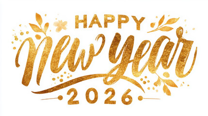 Happy New Year 2026 in elegant gold cursive script - luxury holiday calligraphy isolated on white background