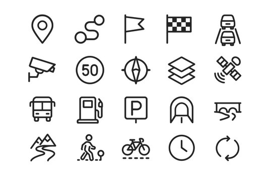 Collection of transportation and navigation icons: map, camera, bike, compass, tunnel