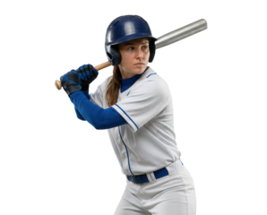 Female baseball player in batting stance with bat isolated on white