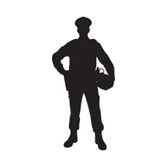 A striking silhouette of a person wearing a cap and jacket with a bag