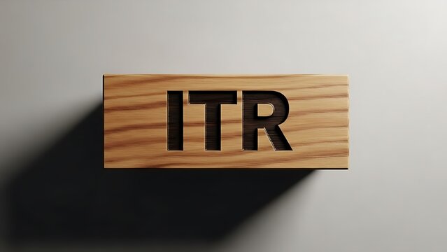 Wooden block with cutout letters ITR on a plain surface