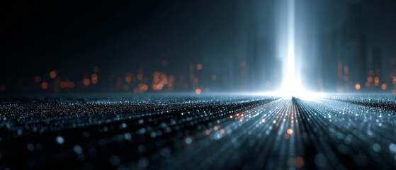 Unrecognizable Silhouette Following Brilliant Glowing Upward Path in Digital Environment