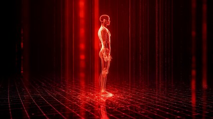 Red digital human hologram standing on glowing grid inside data matrix space with neon light depth and immersive cyber environment - Powered by Adobe