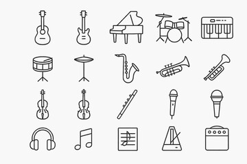 Vector line icons of musical instruments including guitar, piano, drums, and saxophone