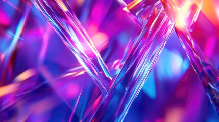 Geometric glass elements reflecting and refracting vivid blue, purple, and pink light create a dynamic and futuristic digital art background, symbolizing innovation, technology, and energy