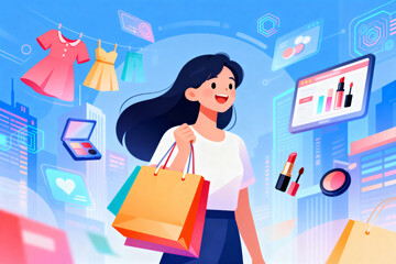 Young Woman Shopping Online with Bags in City