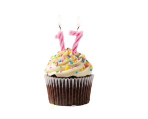 Chocolate birthday cupcake with number 11 candles and sprinkles on white