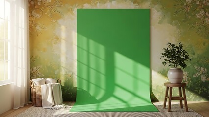 Green Screen Backdrop in Bright Sunny Modern Room with Plant and Wicker Basket