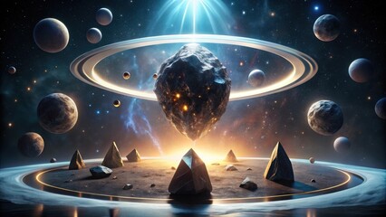 Celestial Body Hovering Over a Planetary Surface with Crystalline Structures and a Ring System