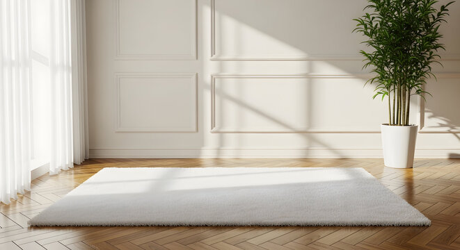 Cozy white fluffy rug on a warm wooden floor in a sunlit room with elegant wall paneling and a plant.