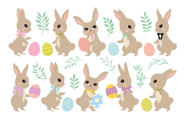 Fototapeta premium Bunny collection. Rabbit set. Vector illustration of cute cartoon brown bunny in different poses and actions. Animals for logo, emblem, pictogram, print, design element, greeting card. Spring collecti