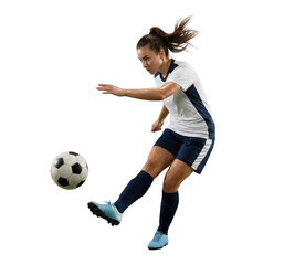 Female soccer player kicking ball isolated on white background