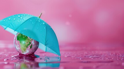 Colorful globe protected by a blue umbrella on a vibrant pink background in a creative and artistic representation of environmental protection