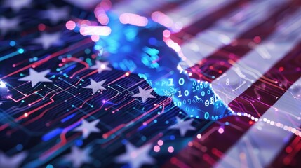 Abstract Representation of American Flag Blended with Digital Technology and Cybersecurity Symbols