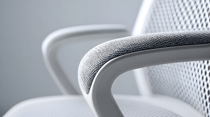 Focus on the contemporary design and material texture of an office chair armrest showcasing its clean lines and comfort in a minimalist workspace
