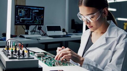 Young female technician working on electronic components, industrial workstation, precision engineering, modern manufacturing, focus and concentration, close-up