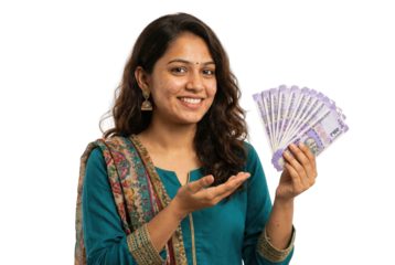 Smiling Indian woman holding fan of rupee banknotes on white background