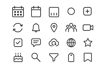 Simple icons: calendar, bell, group, video, checkmark, cloud, globe, star, birthday, search