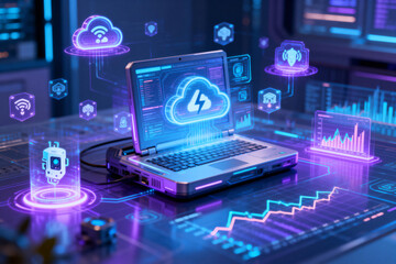 Futuristic Tech Laptop with Cloud Computing Interface