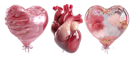 Fototapeta premium Three Unique Pink Hearts with Metallic Finish and Wrinkled Texture for Valentine's Day