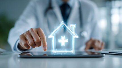 Doctor interacting with holographic medical house symbol on tablet healthcare technology