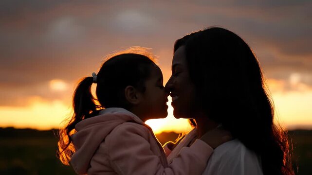 Silhouette of mother and child kissing at sunset outdoors with warm golden light rim lighting their profiles