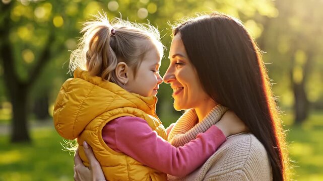 Loving mother kissing her young daughter on the lips outdoors in a sunny park with beautiful golden hour backlighting
