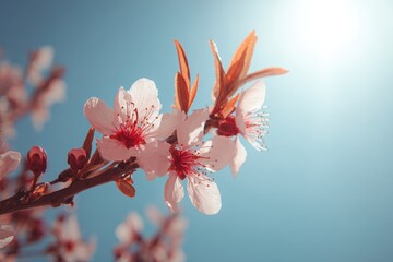 Close Up Shot Of Pink Cherry Blossoms With Red Centers And Brown Stems Against Bright Blue Sky Lit By Sunlight