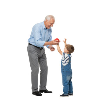 Grandpa playing with a boy isolated on transparent or white background, png
