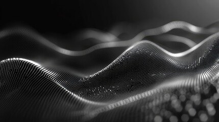 Abstract flowing particle wave representing data visualization, network connection, or artificial intelligence concept, creating a dynamic technological backdrop