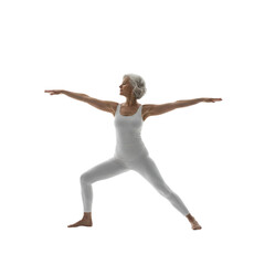 Elderly woman doing ballet isolated on transparent or white background, png