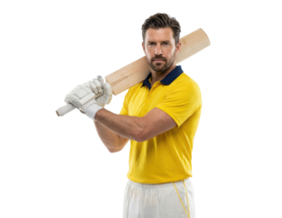 Cricketer in yellow jersey holding bat on white background