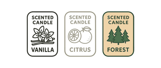 Obraz premium Flat vector illustration candle jar labels vanilla citrus and forest