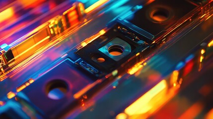 Electronic components glowing with vibrant orange and blue light, forming an abstract representation of advanced technology, data processing, and digital connectivity on a futuristic circuit board