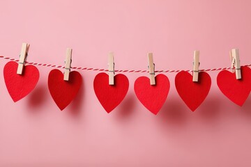 Festive Red Paper Hearts Hanging from String on Pink Background for Valentines Day Decoration