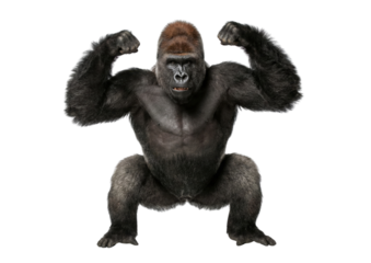 Strong adult gorilla flexing muscles isolated on white background
