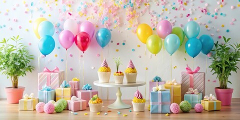 A delightful celebration scene with pastel balloons, presents, and cupcakes