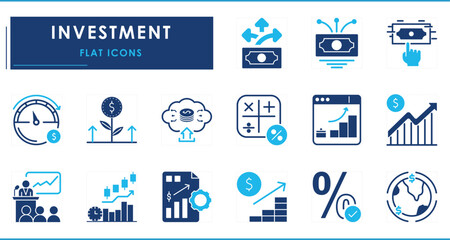 A set of flat icons related to Investment. Invest, grow, fund, graph, money, dollar, passive income, share, percentage, and so on.
