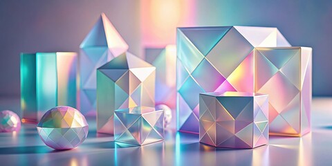 Abstract iridescent geometric shapes composition showcasing multifaceted prisms and spheres on a reflective surface
