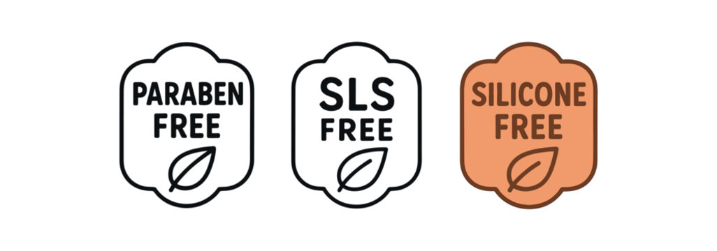 Flat vector illustration cosmetic labels with text paraben free sls free silicone free soft