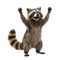 Obraz premium Cute cartoon raccoon standing with raised arms on white background