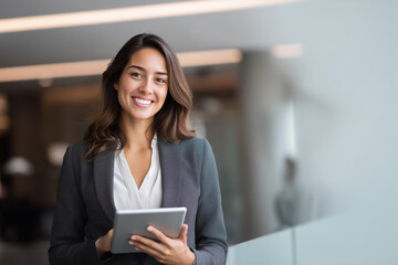 young Hispanic professional business woman standing in office. Happy female company executive, smiling businesswoman entrepreneur corporate leader manager looking at camera using tablet