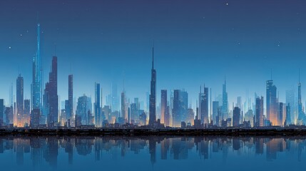 Obraz premium Futuristic Imaginary City Skyline Showing Buildings With a Blue Gradient and Reflection on Water Under a Starry Sky During Nighttime